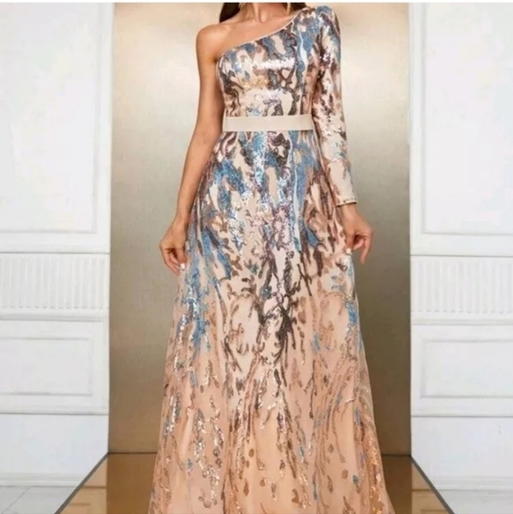 Multicolor,  Graphic Print,  Assymmetrical Neck,  Sequined Mermaid Gown - Picture 8 of 13